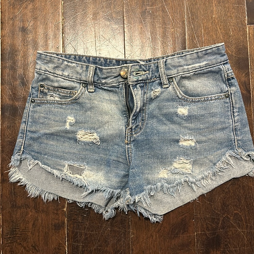 Women's Distressed Denim Shorts - Light Blue